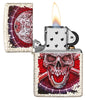 Skull Design Mercury Glass Windproof Lighter with its lid open and lit